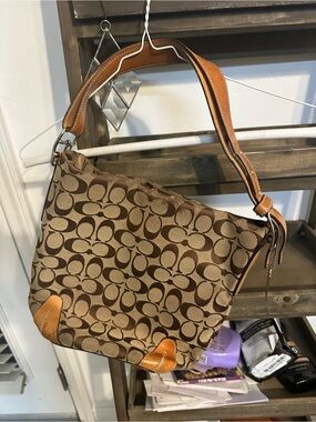 Coach Brown Signature Canvas Shoulder Bag with Tan Leather Trim